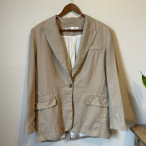 Zara Beige Linen Women's Blazer Small - Picture 2 of 9